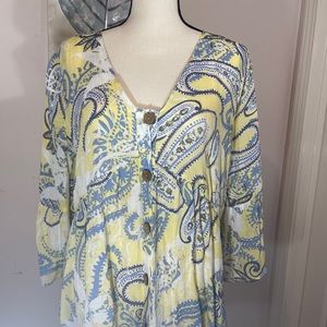 Yellow/blue pastel print Boho bell sleeve blouse
